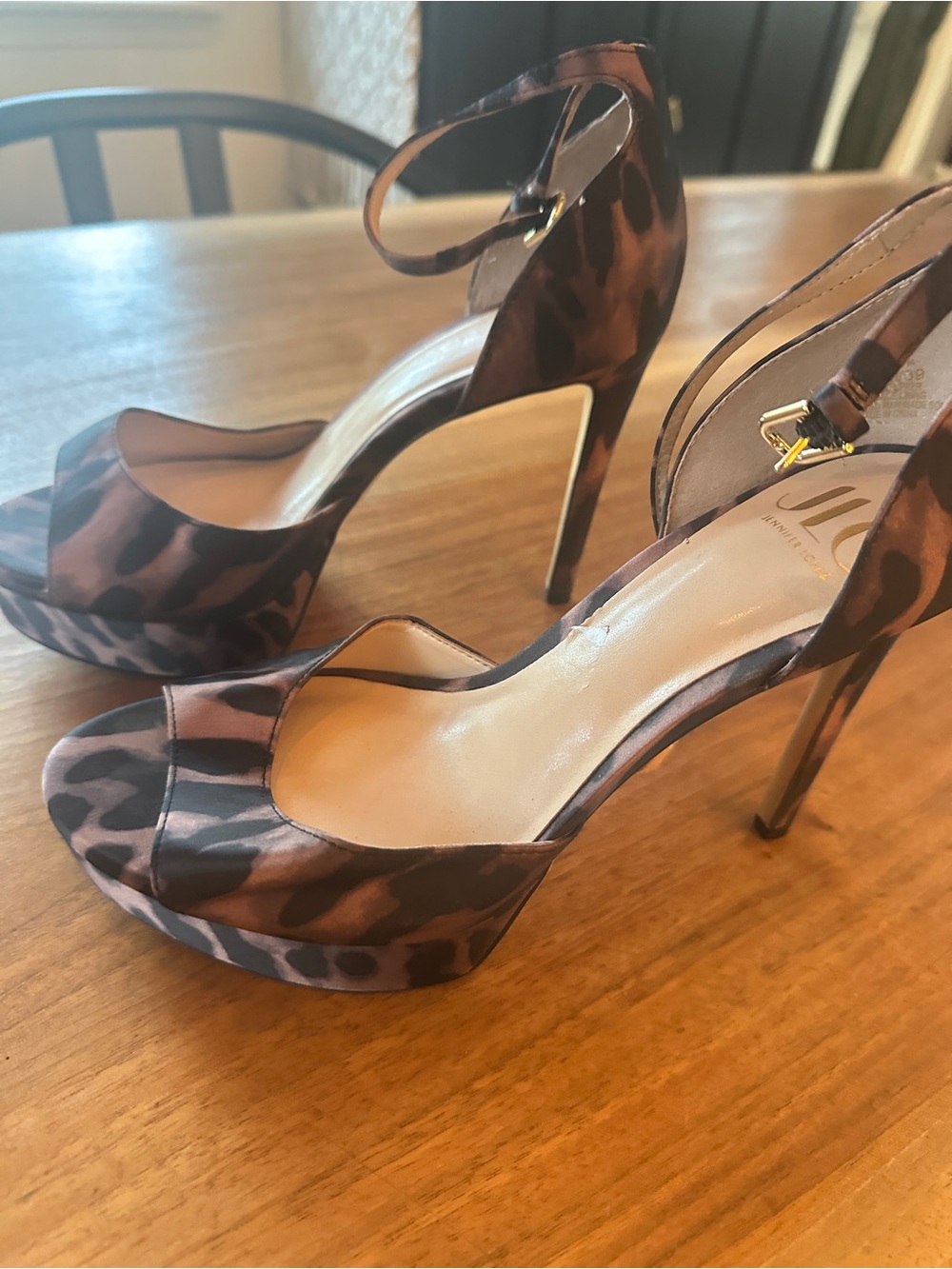 Jennifer Lopez Leopard Print Ankle Strap Platform Heels - Brown/Black